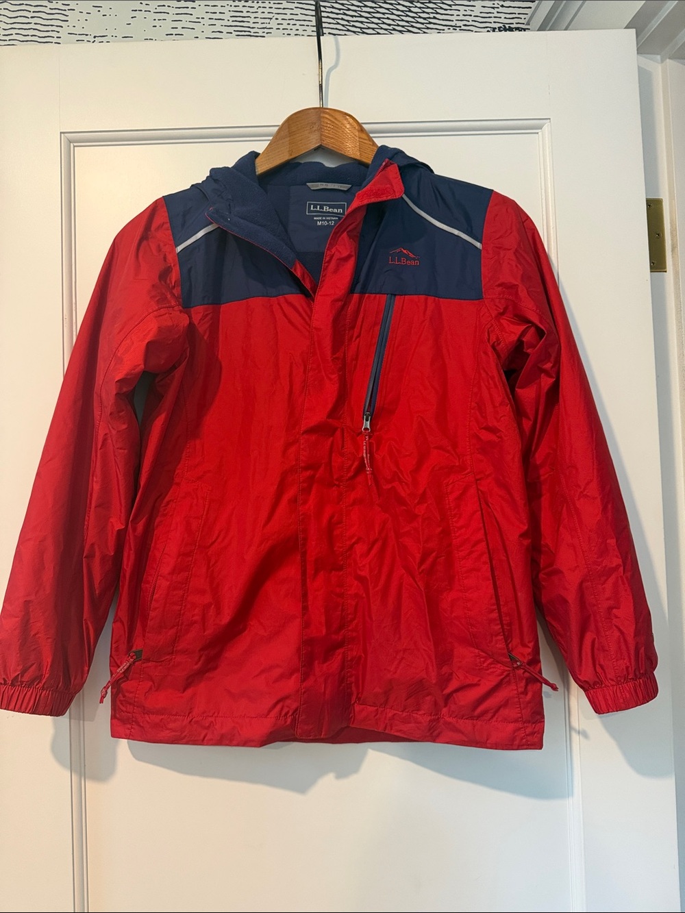 L.L. Bean Red and Navy Kids' Hooded Rain Jacket fleece lined Size 10/12